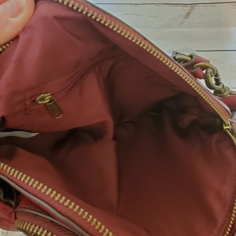 Time and Tru recycled materials vinyl Palms Satchel red